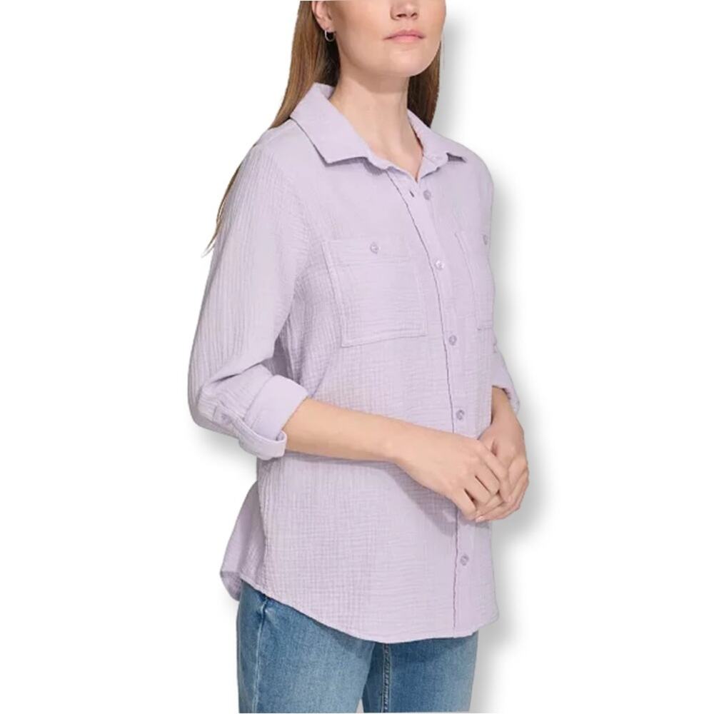 New Nine West Double-Crepe Button-Down Roll-Tab-Sleeve Shirt Sz S